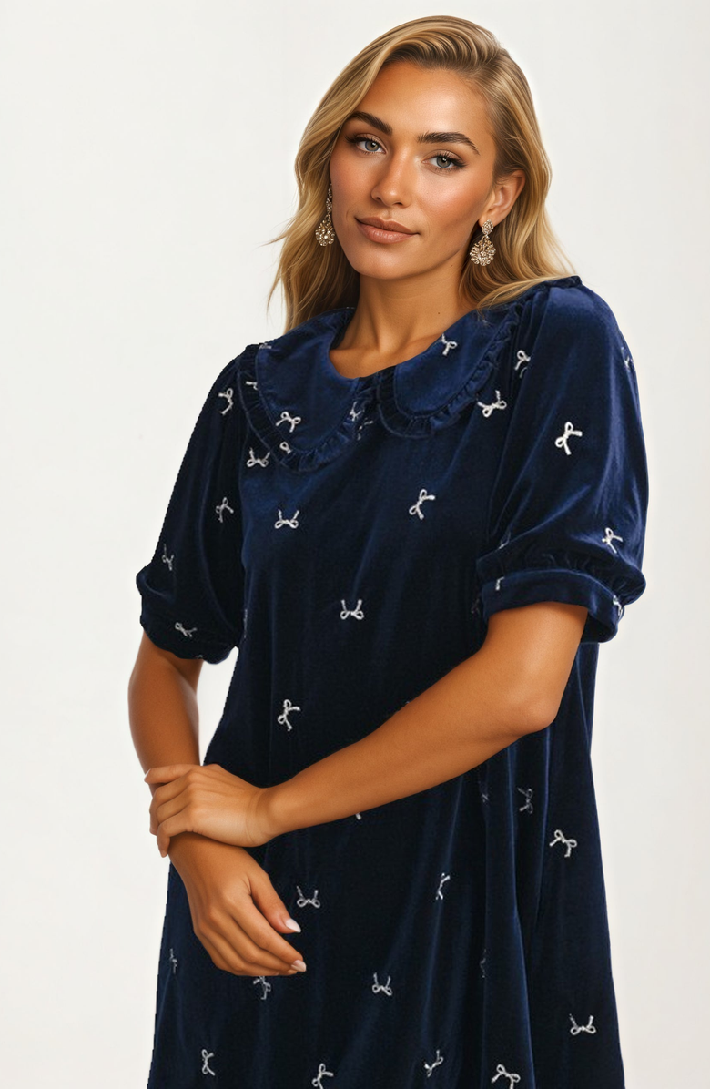 Knit and Lounge Embroidered Velvet Peter Pan Collar Mini Dress, Alternate, color, 