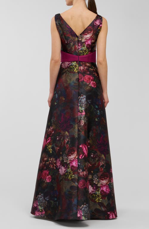 Kay Unger Nicoletta Floral Sleeveless A-line Gown In Black