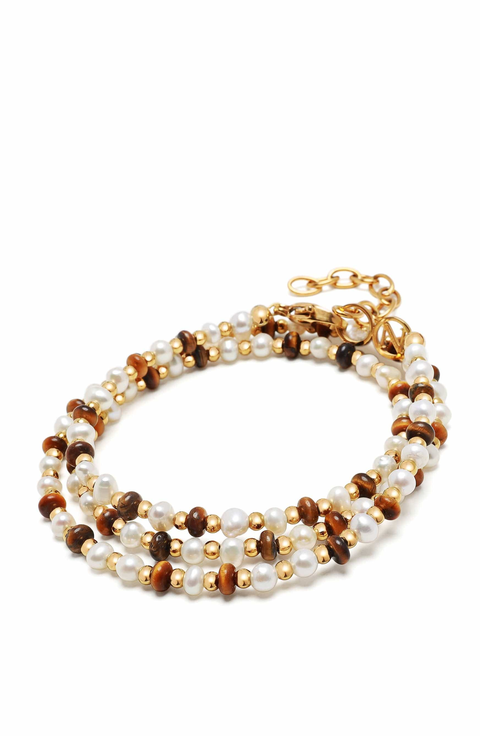 White Pearl and Brown Tiger Eye Wrap Bracelet