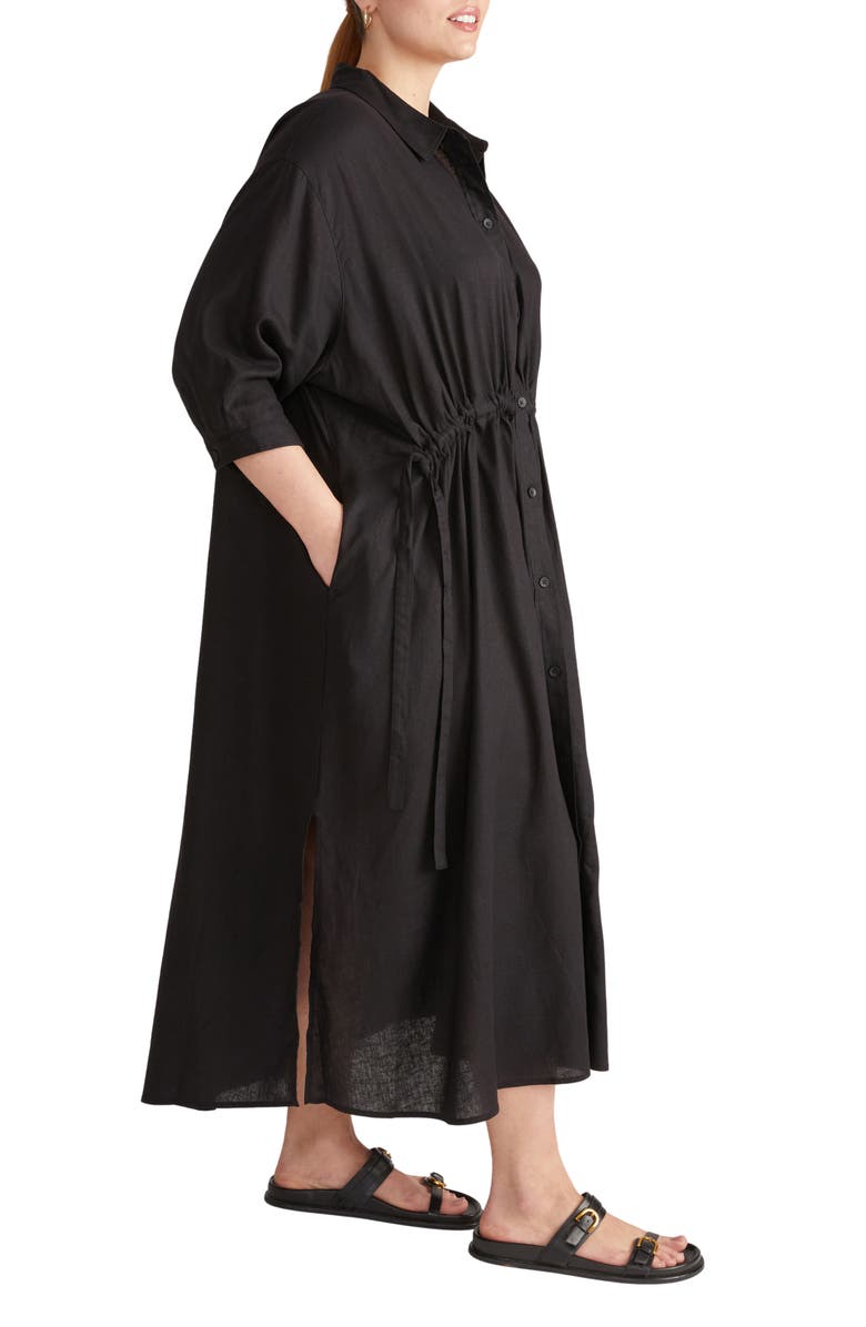 Universal Standard Drawstring Waist Button-Up Linen Blend Shirtdress, Alternate, color, Black