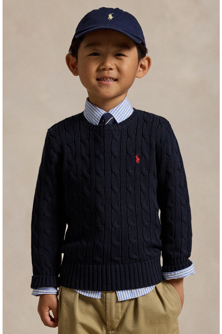 Kids' Cotton Cable Knit Crewneck Sweater, Alternate, color, NAVY