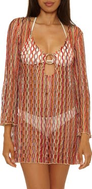 BECCA Desert Dancer Metallic Long Sleeve Sheer Cover-Up Dress
