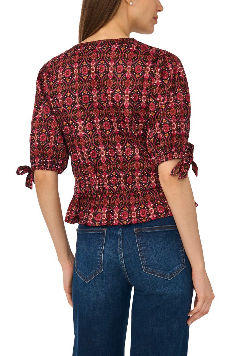 Split Neck Stretch Cotton Poplin Peplum Top, Alternate, color, PINK/ RICH BLACK