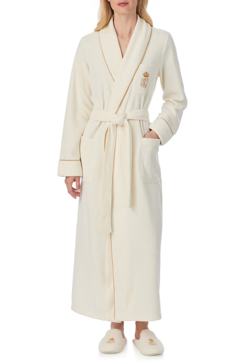 Lauren Ralph Lauren Monogram Fleece Robe, Alternate, color, Cream