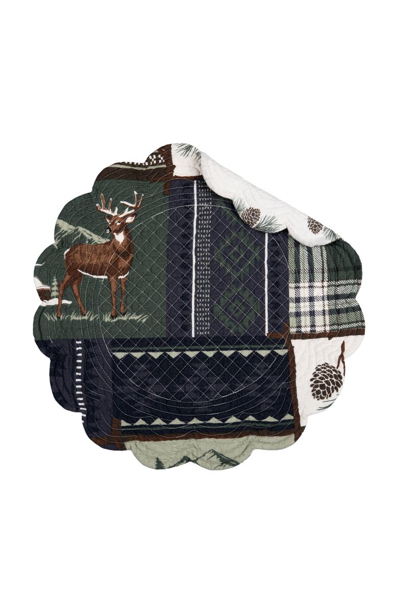 Greenstone Pines Round Scalloped Placemats Set of 6 Black Bear Moose, 17", Alternate, color, Green