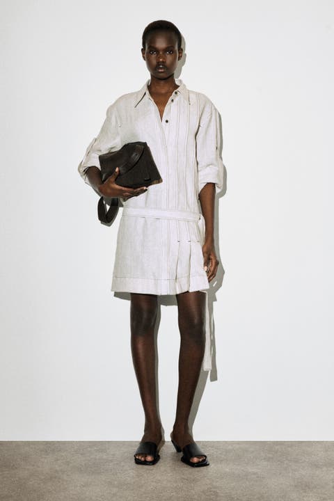 Belted Pleated Linen Mini Shirt Dress