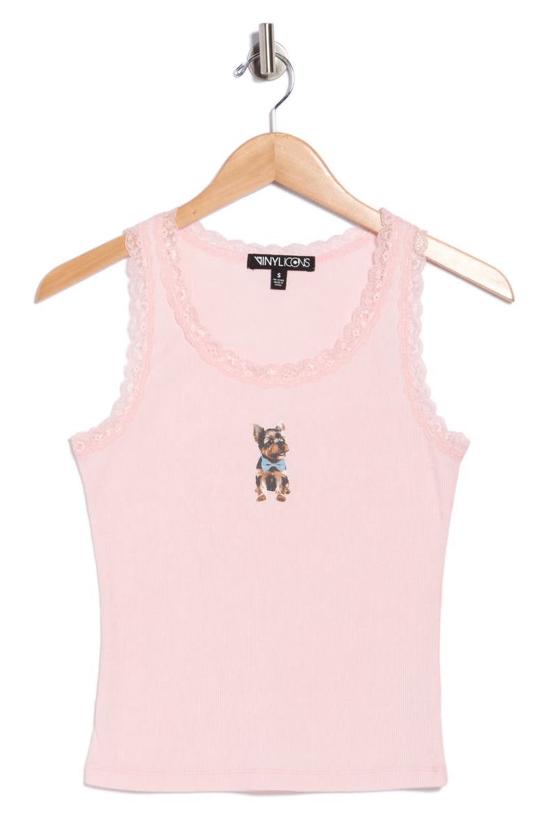 Bow Tie Puppy Graphic Lace Trim Tank, Alternate, color, PINK