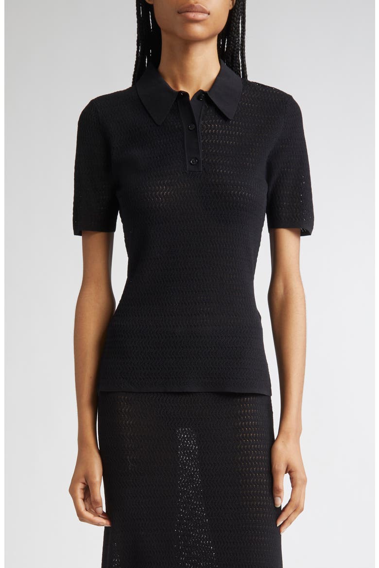 Chevron Pointelle Polo Sweater, Main, color, BLACK