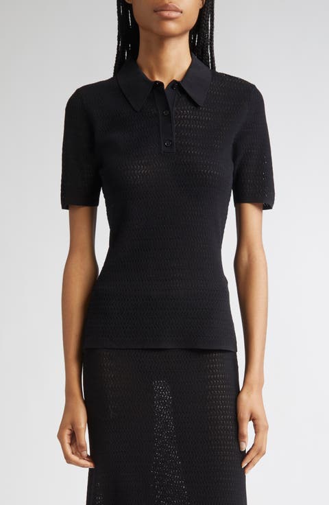 Chevron Pointelle Polo Sweater