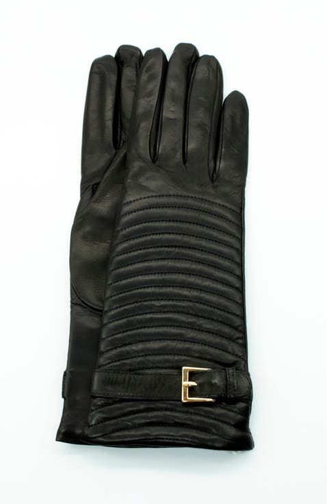 Leather quilted gloves with belt