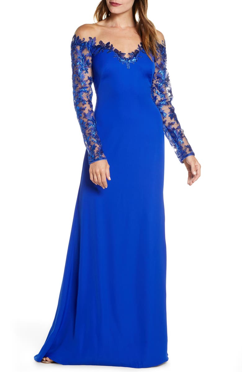 Tadashi Shoji Long Sleeve Sequin Lace Gown, Main, color, 