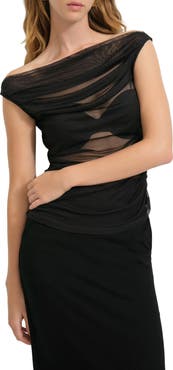 Marcella Cooper Ruched Off the Shoulder Mesh Top