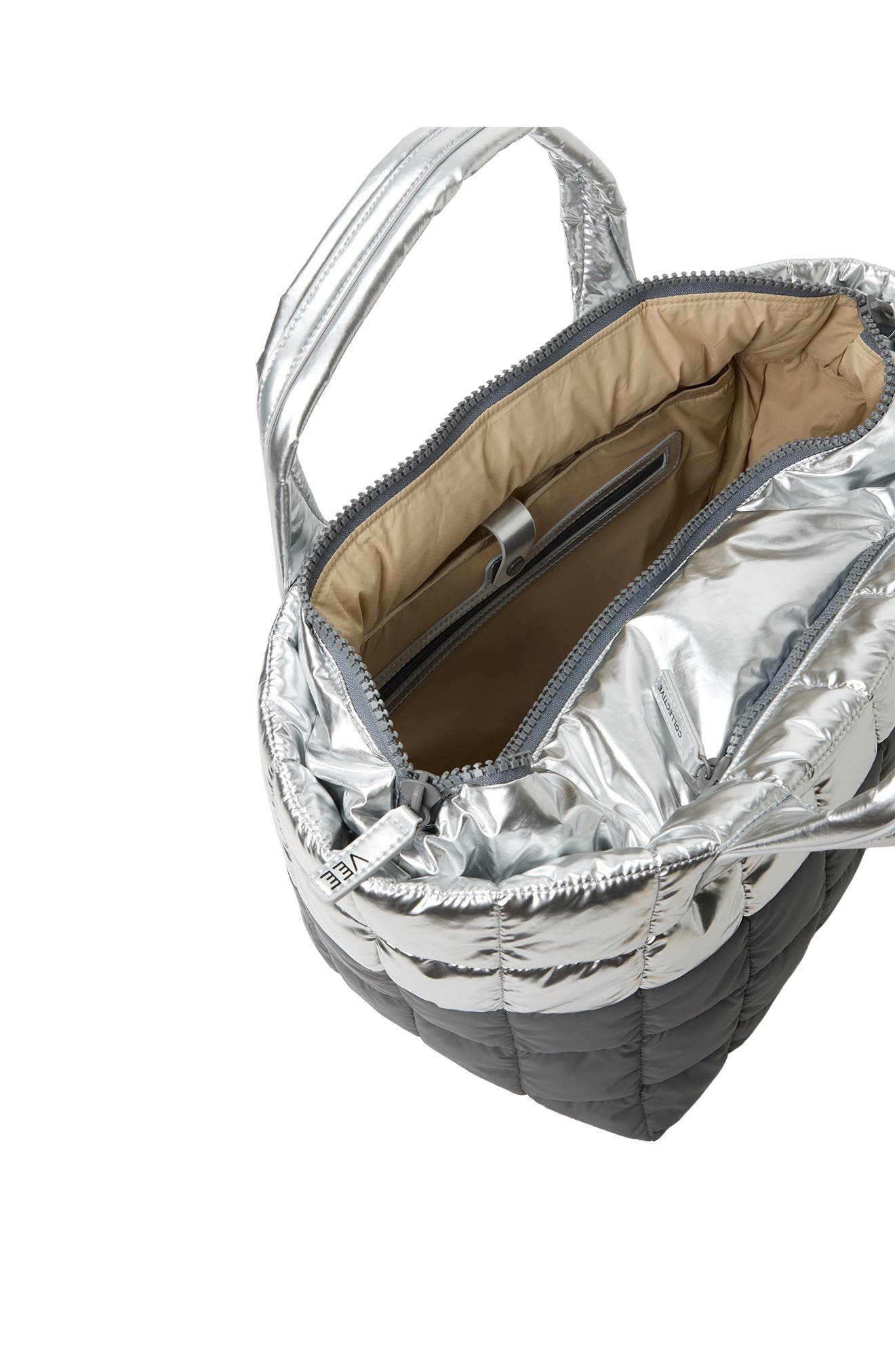 VeeCollective Medium Porter Quilted Recycled Nylon Tote, Alternate, color, Silver Grey Mul