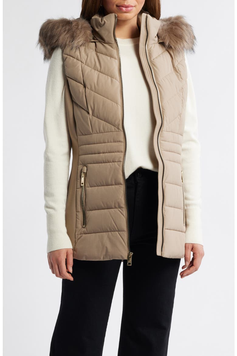 Faux Fur Trim Quilted Vest, Alternate, color, TAUPE