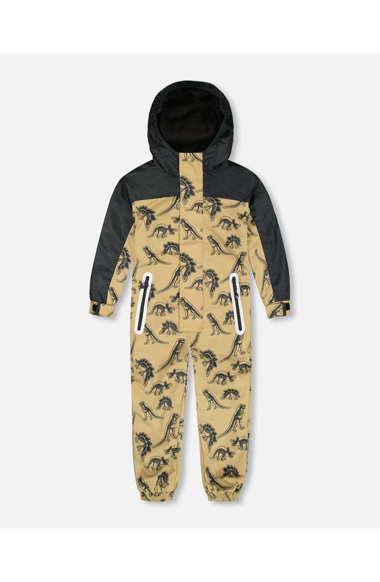 Deux par Deux Boy's Printed Mid-Season One-Piece Outerwear Black Dinosaur On Beige Background, Main, color, 