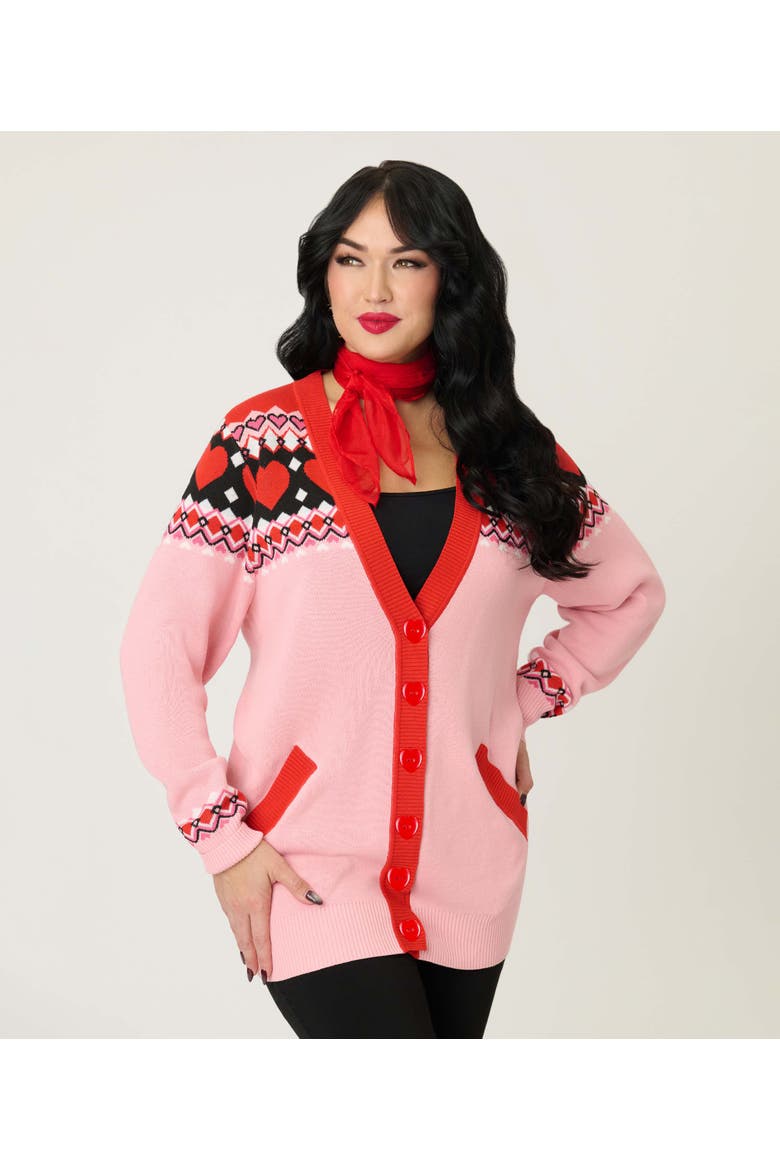 Printed Knit Long Cardigan, Main, color, Pink Fair Isle Print