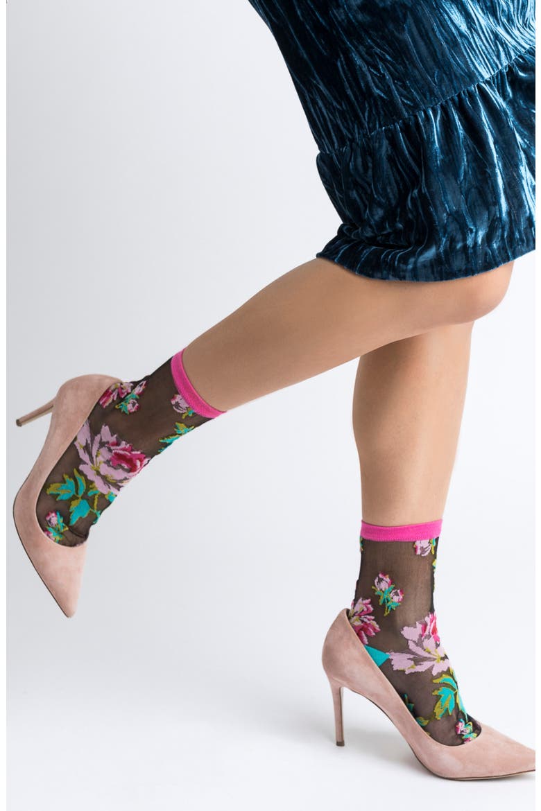 Bold Blooms Floral Sheer Crew Socks, Alternate, color, BLUE/ PINK