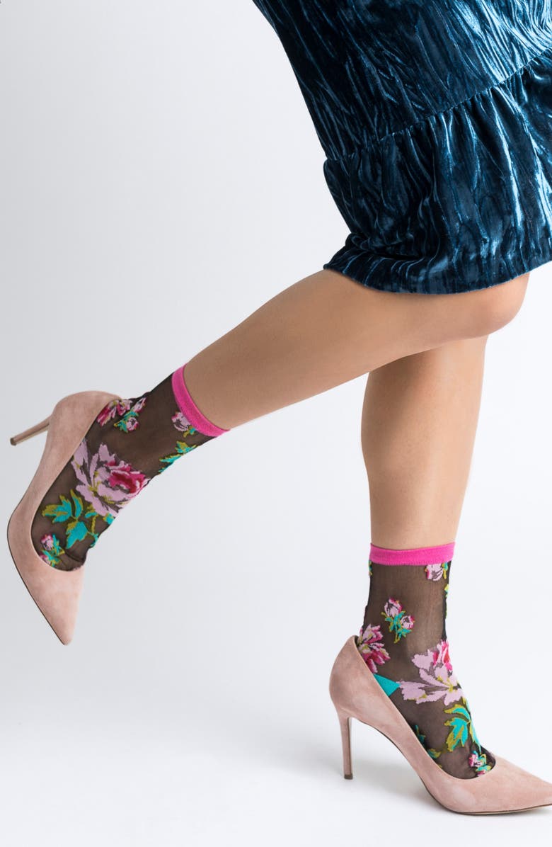 Sock Candy Bold Blooms Floral Sheer Crew Socks, Alternate, color, Blue/ Pink