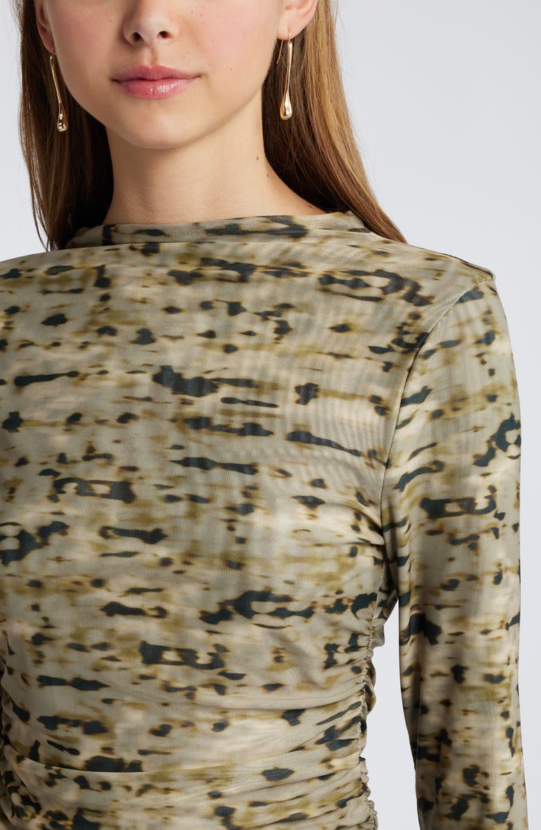 Open Edit Ruched Mock Neck Mesh Top, Alternate, color, Olive Shadow Dye