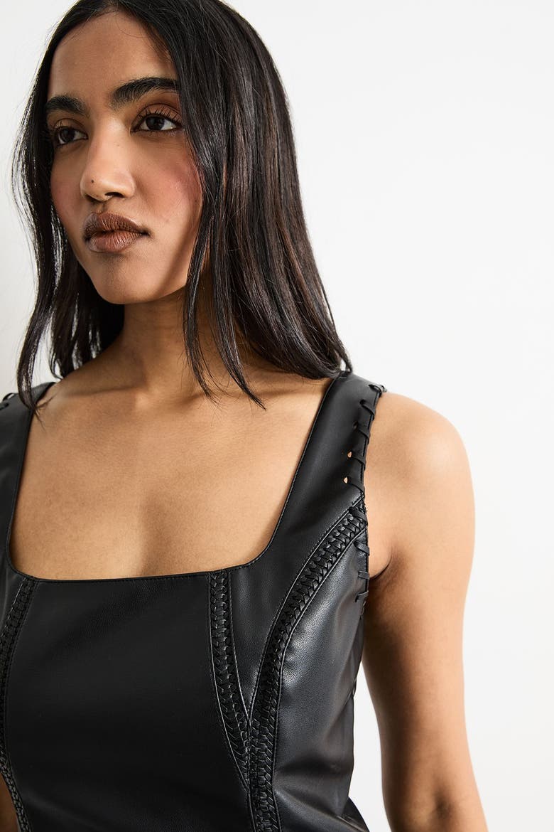 Faux Leather Whipstitch Trim Midi Dress, Alternate, color, Black