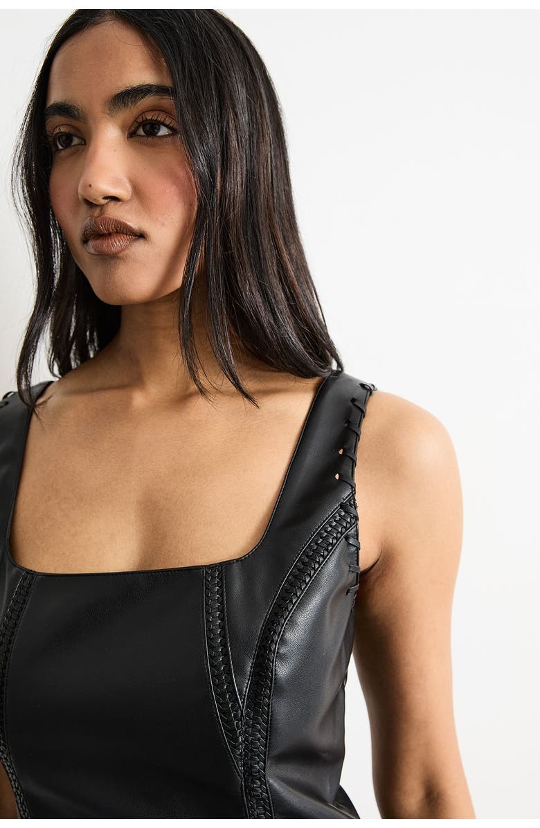 Warehouse Faux Leather Whipstitch Trim Midi Dress, Alternate, color, Black