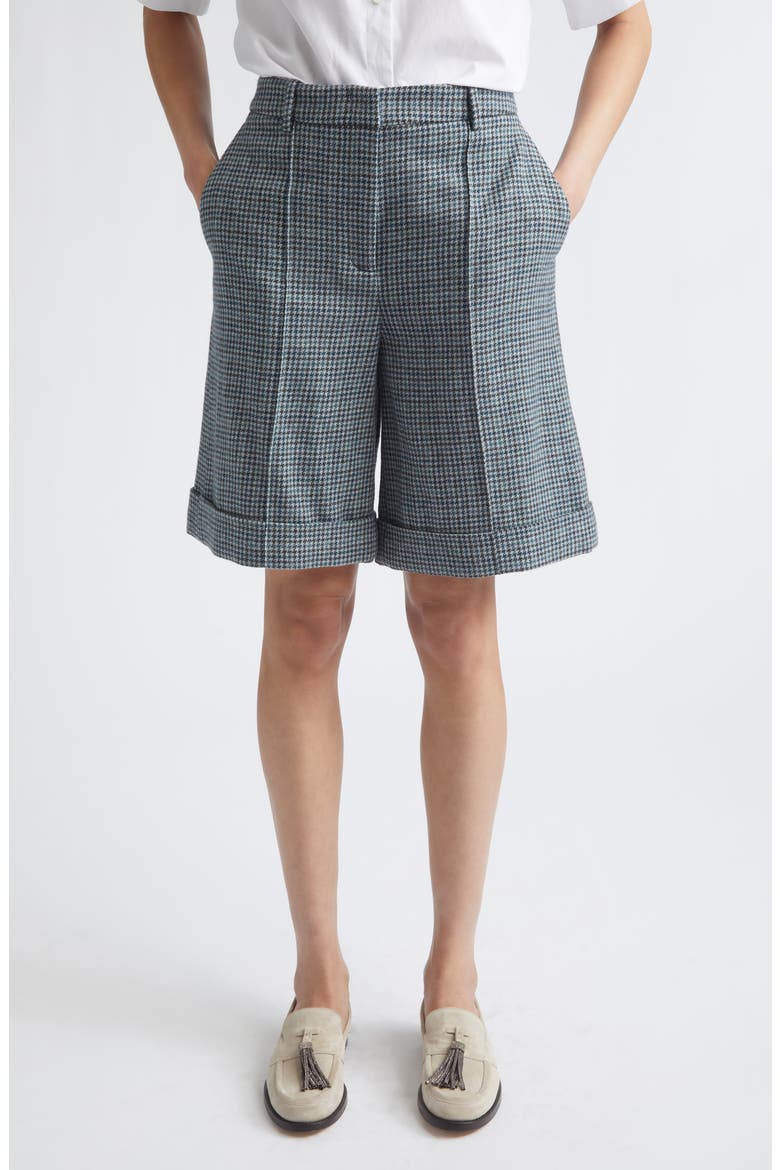 Houndstooth Check Virgin Wool & Cashmere Bermuda Shorts, Main, color, 178 DARK JADE