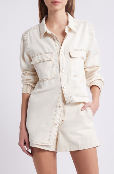 Trapunto Oversize Cotton Blend Denim Button-Up Shirt