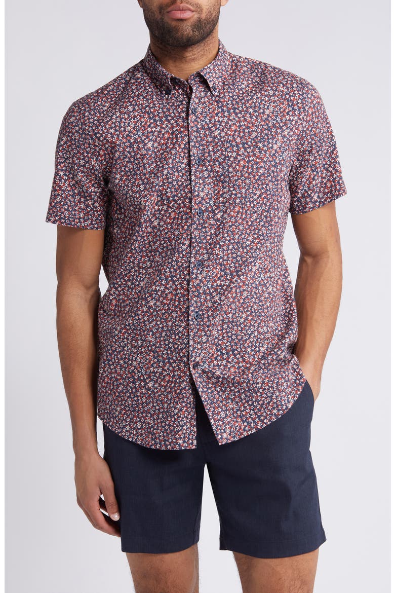 Trim Fit Floral Short Sleeve Stretch Cotton & Linen Button-Down Shirt, Main, color, NAVY- RED FLORAL CONTRAST