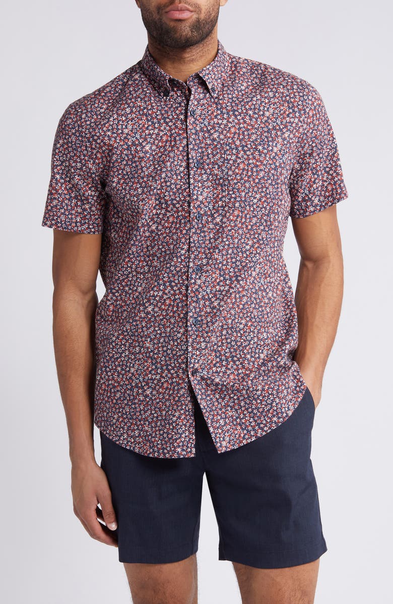 Nordstrom Trim Fit Floral Short Sleeve Stretch Cotton & Linen Button-Down Shirt, Main, color, Navy- Red Floral Contrast