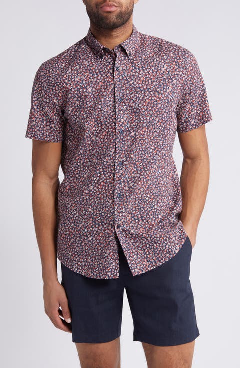 Trim Fit Floral Short Sleeve Stretch Cotton & Linen Button-Down Shirt