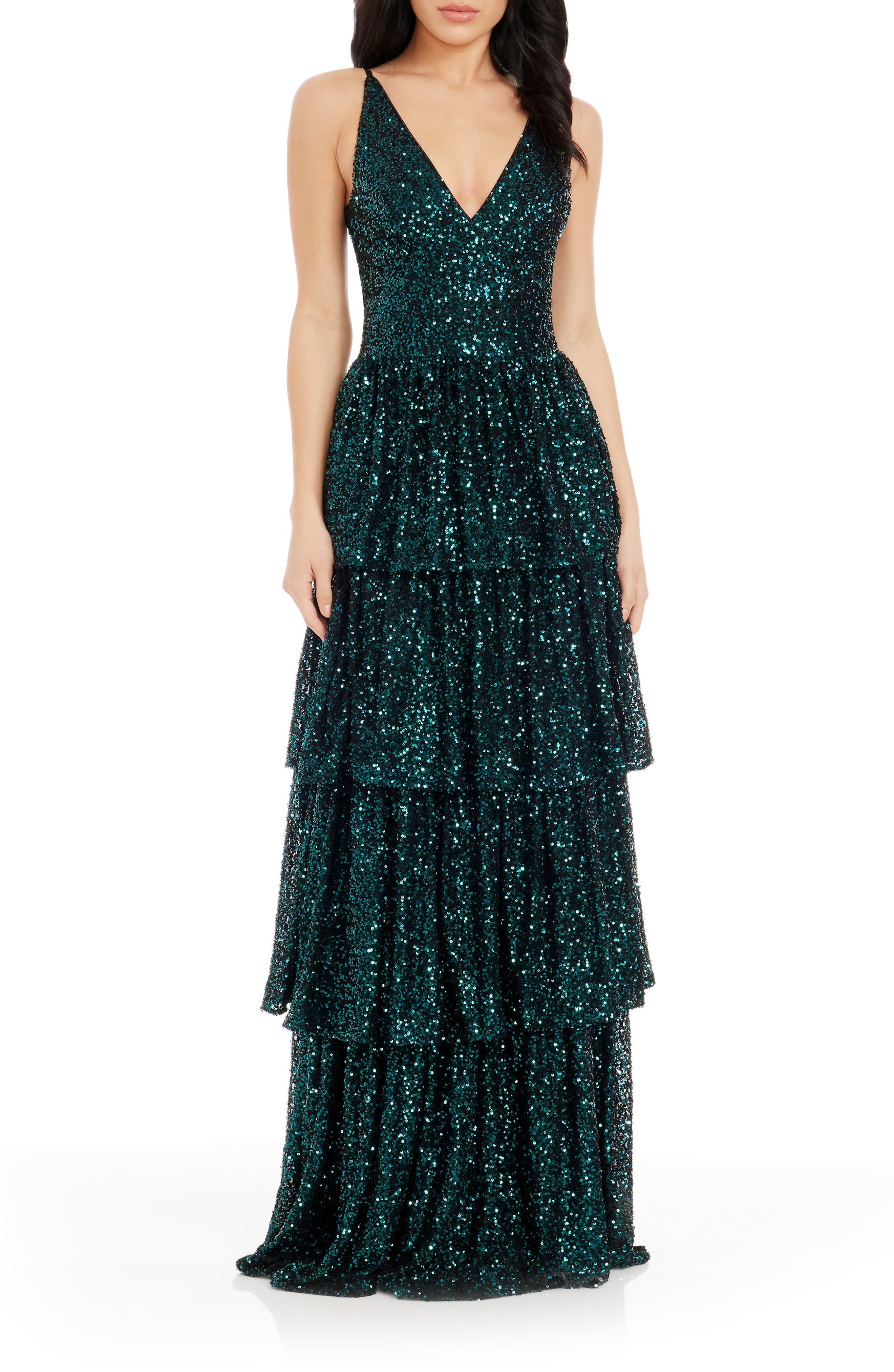 Dress the Population Lorain Sequin Tiered Ruffle Gown