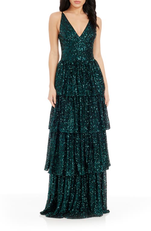 Dress the Population Lorain Sequin Tiered Ruffle Gown in Deep Emerald 