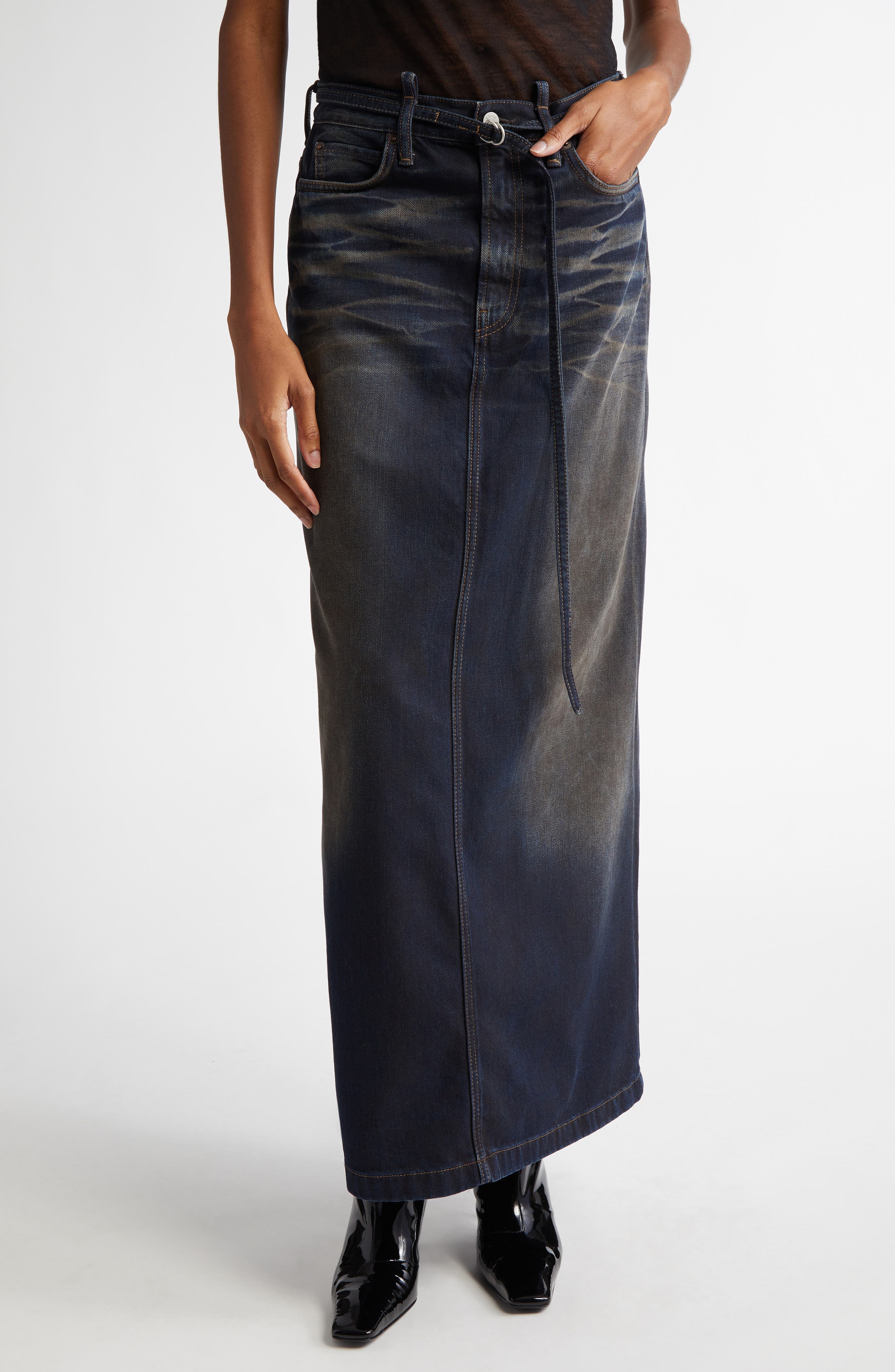 Talia Darkside Belted Denim Maxi Skirt