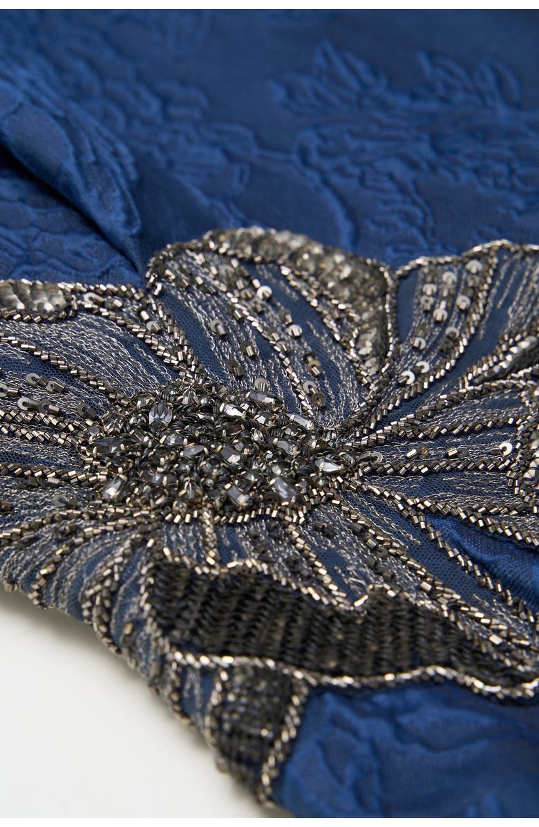 Theia Caity High Low Cocktail Bateau Neck Jacquard Dress, Alternate, color, Midnight Celeste