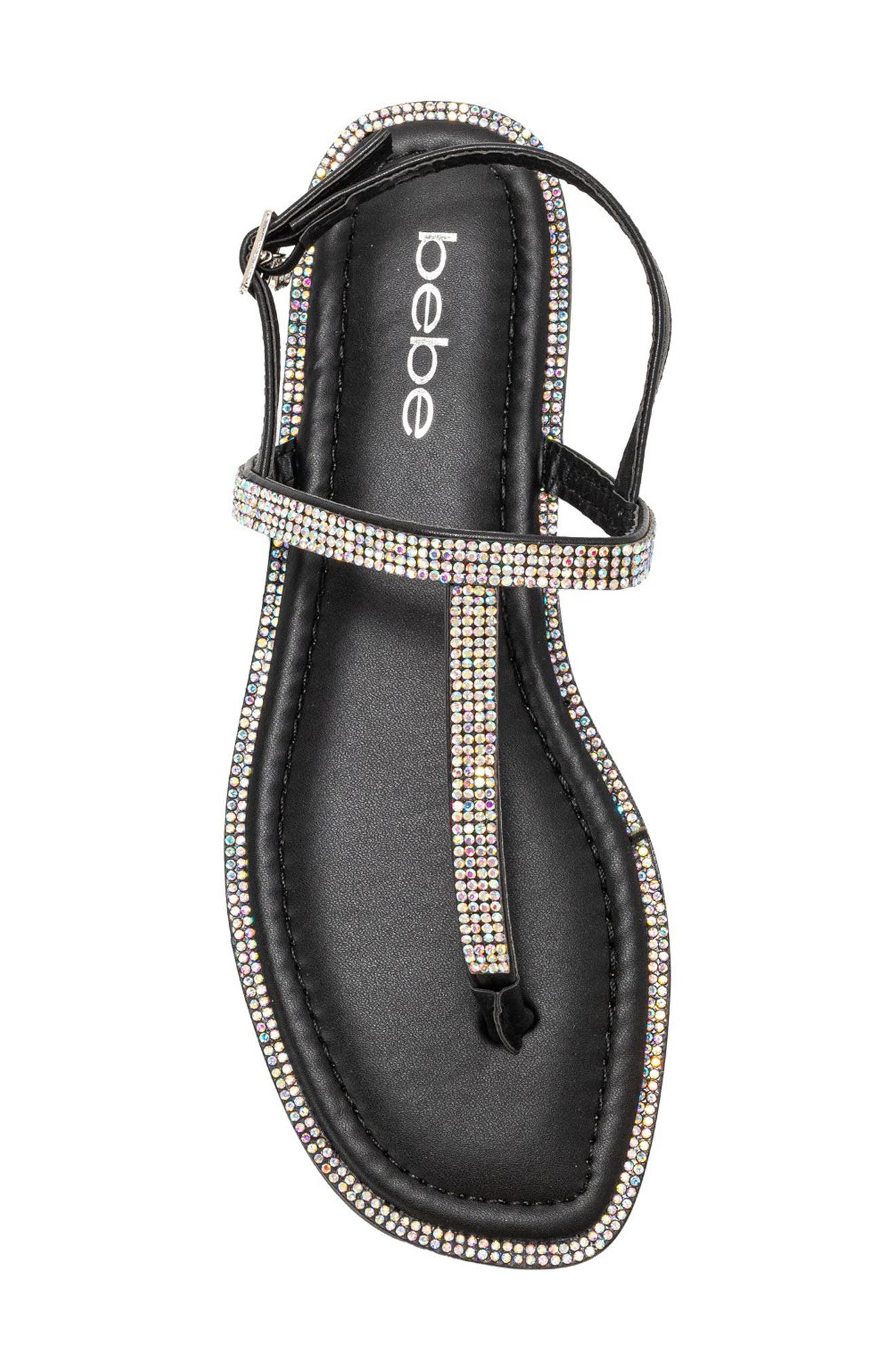 bebe Rhinestone T-Strap Sandal, Alternate, color, Black