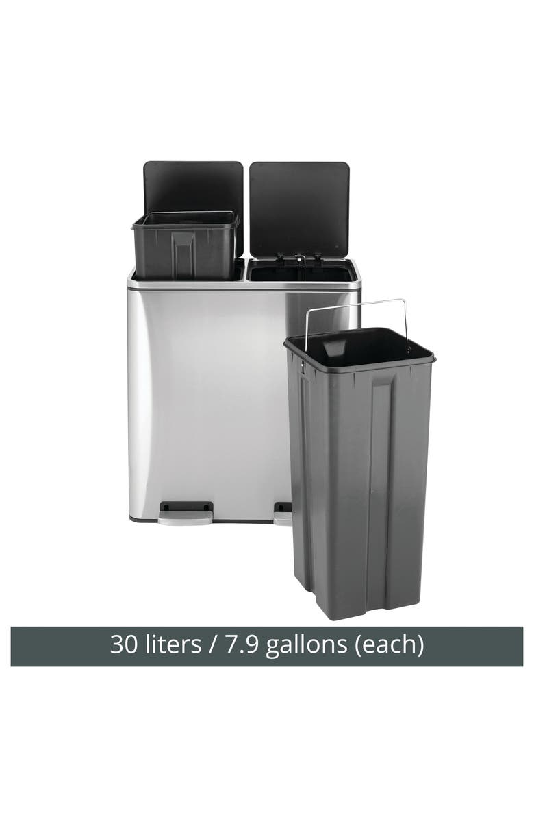 mDesign Metal Steel 60L Large Dual Compartment Step Trash Can - Brushed Chrome, Alternate, color, Brushed