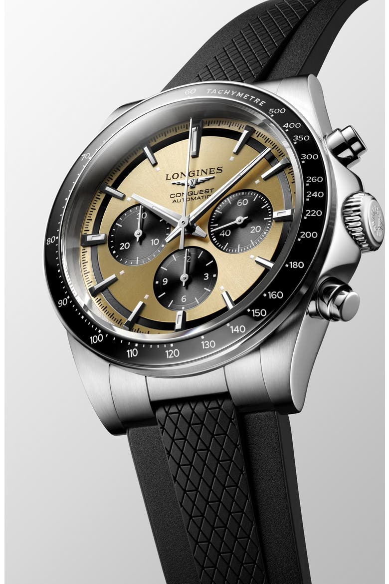 Conquest Automatic Chronograph Rubber Strap Watch, 42mm, Alternate, color, CHAMPAGNE
