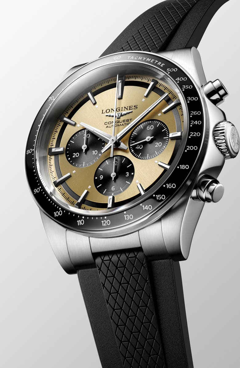 Longines Conquest Automatic Chronograph Rubber Strap Watch, 42mm, Alternate, color, Champagne