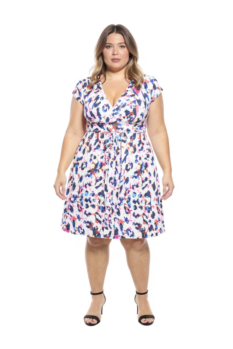 Plus Size Animal V-Neck Cap Sleeve Knee Length A-Line Pocket Dress, Main, color, White Multi