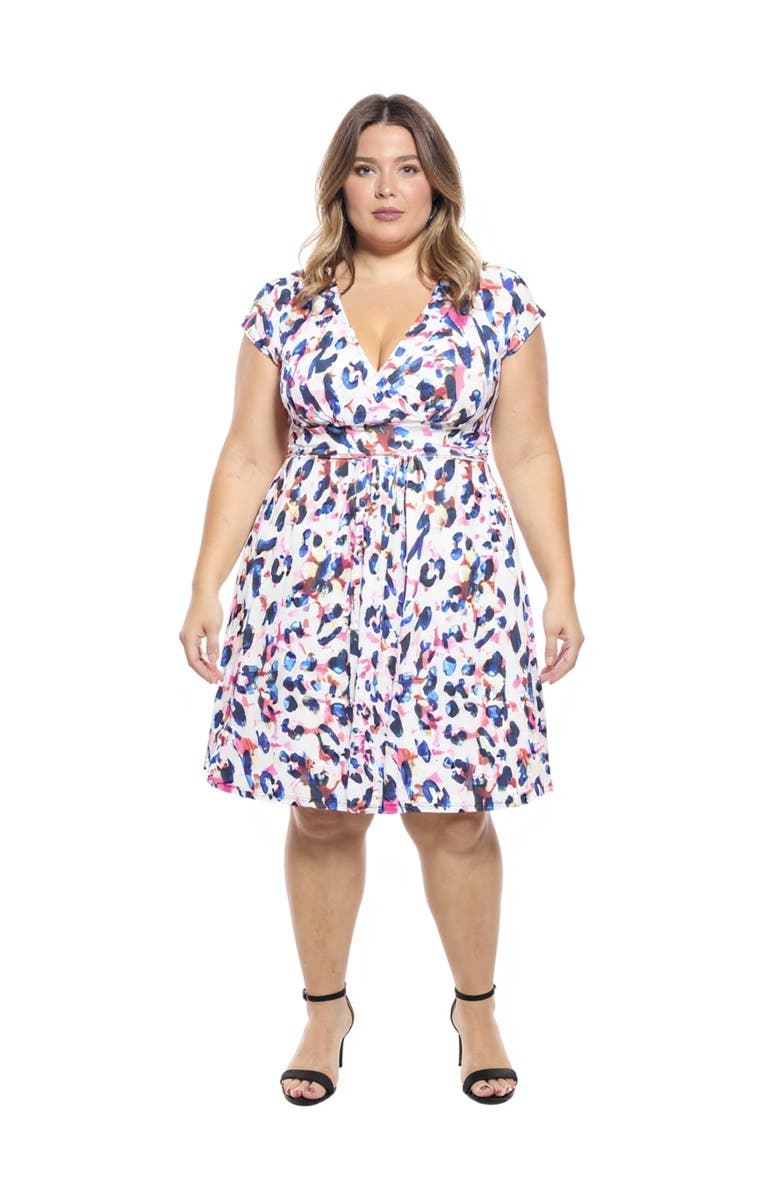 24seven Comfort Apparel Plus Size Animal V-Neck Cap Sleeve Knee Length A-Line Pocket Dress, Main, color, White Multi