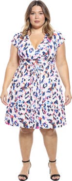 24seven Comfort Apparel Plus Size Animal V-Neck Cap Sleeve Knee Length A-Line Pocket Dress