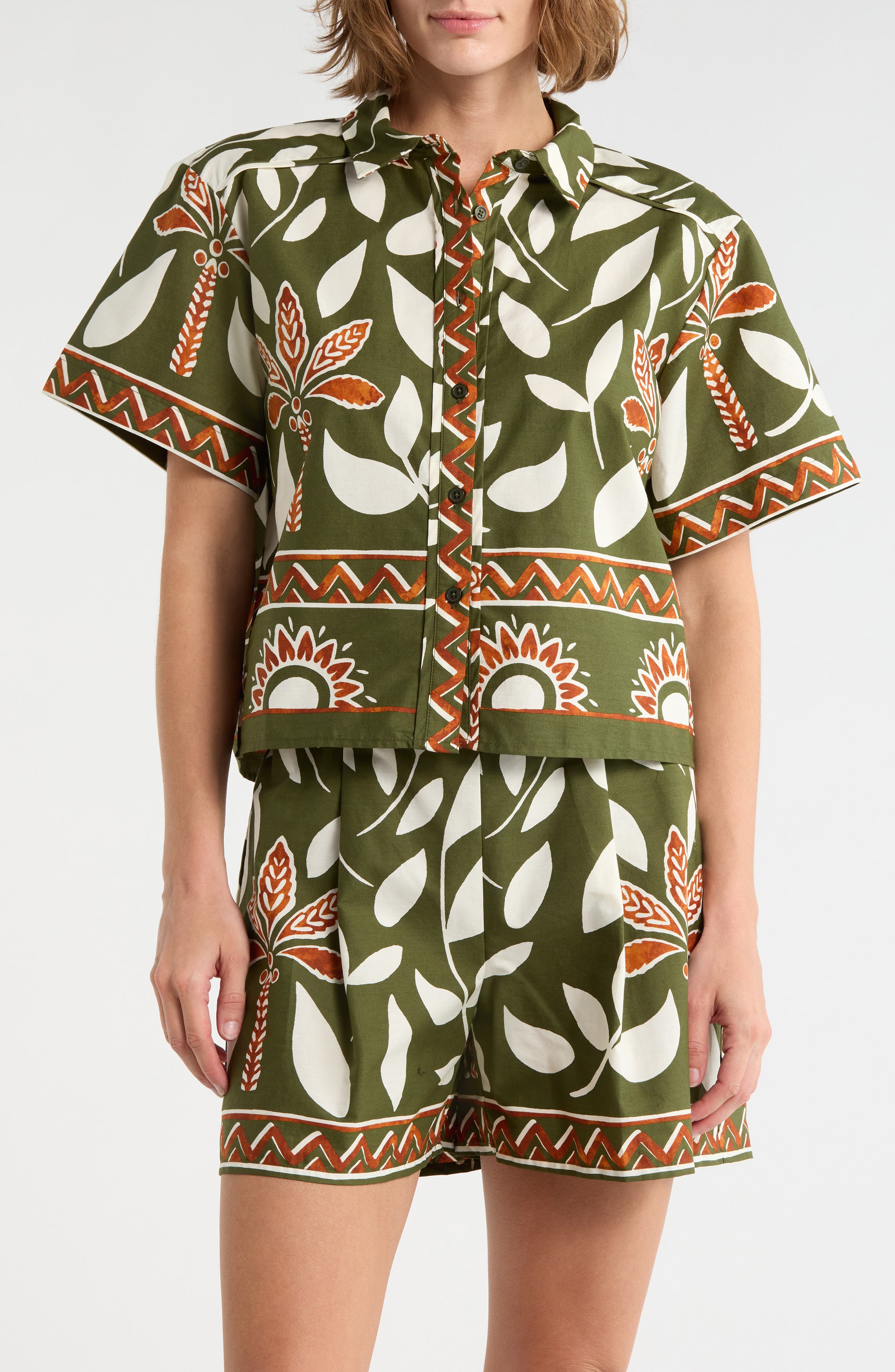 Halogen® Floral Print Short Sleeve Cotton Button-Up Shirt