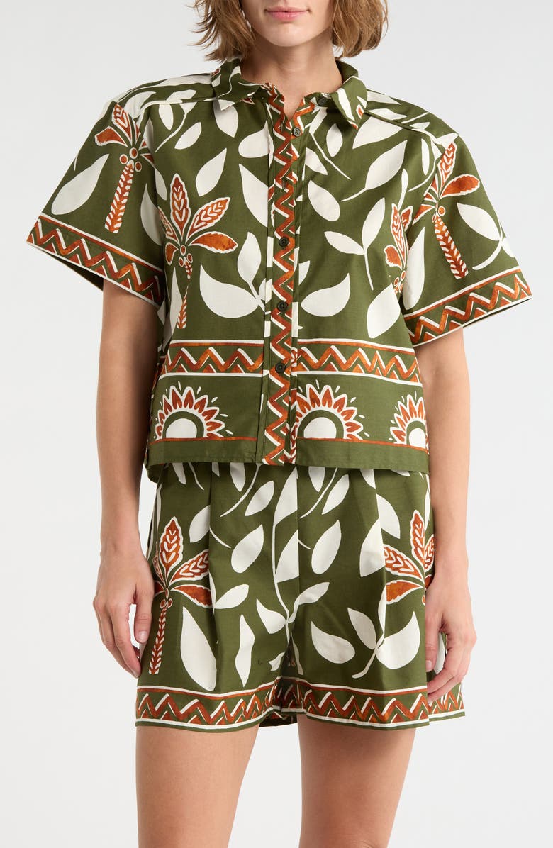 Halogen<sup>®</sup> Floral Print Short Sleeve Cotton Button-Up Shirt, Main, color, Chive