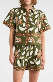 Halogen® Floral Print Short Sleeve Cotton Button-Up Shirt