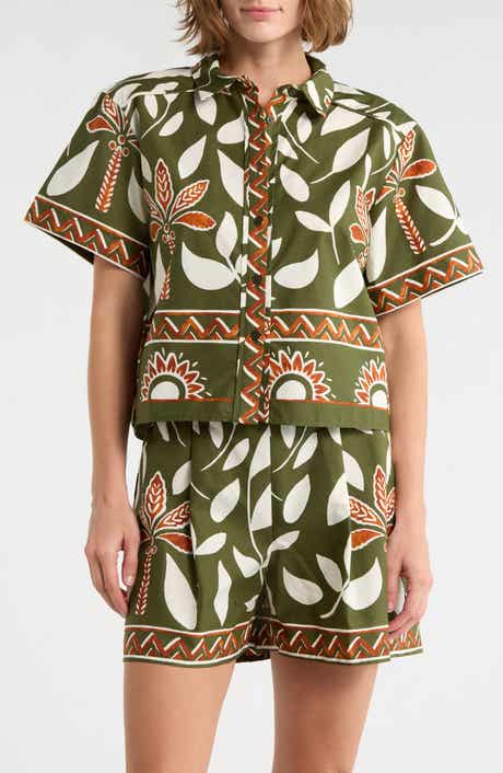 Halogen® Floral Print Short Sleeve Cotton Button-Up Shirt