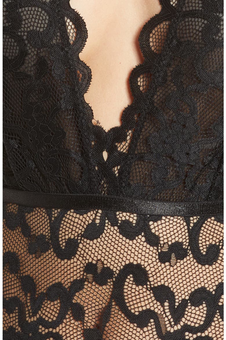 Jeana Plunge High Leg Galloon Lace Teddy, Alternate, color, BLACK