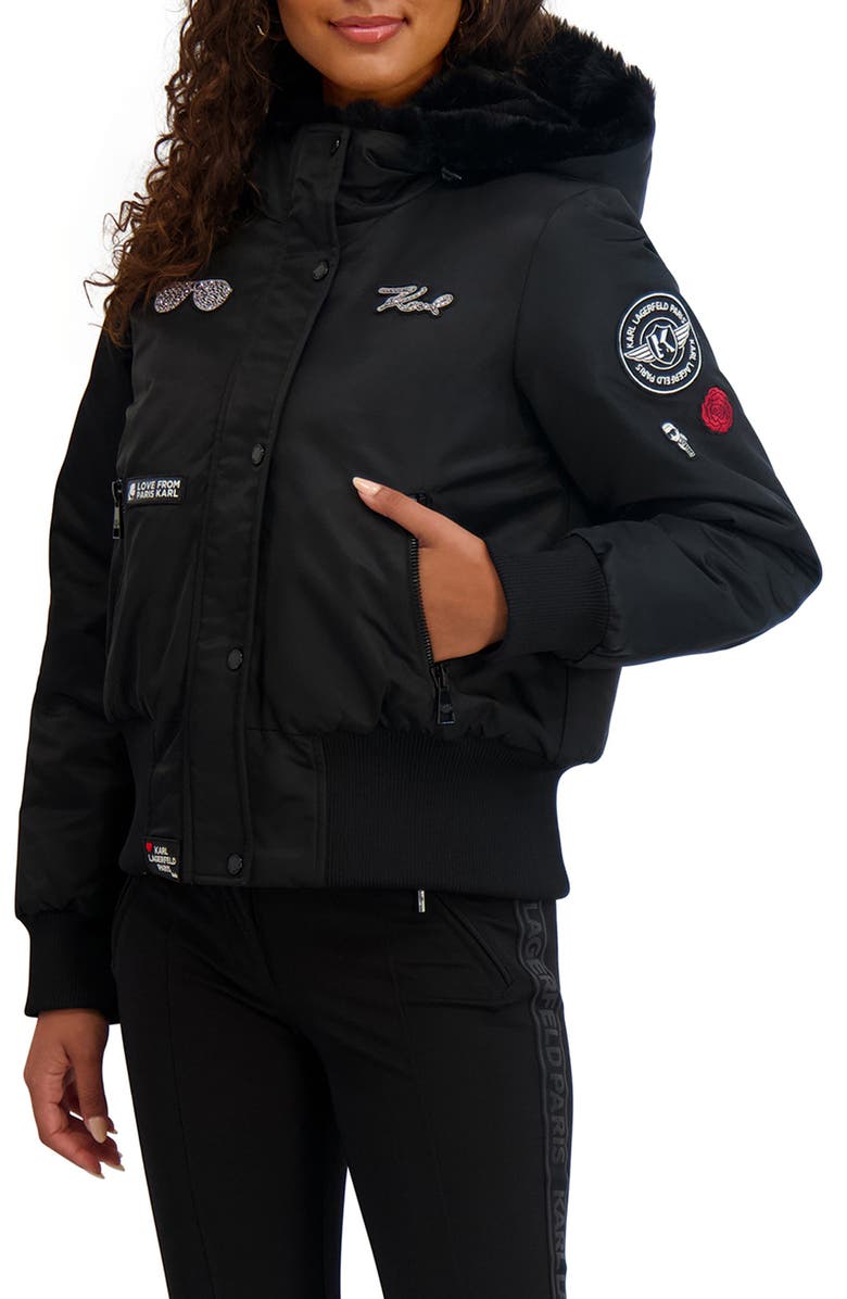 KARL LAGERFELD Cropped Patchwork Hooded Jacket with Faux Fur Trim, Alternate, color, Black