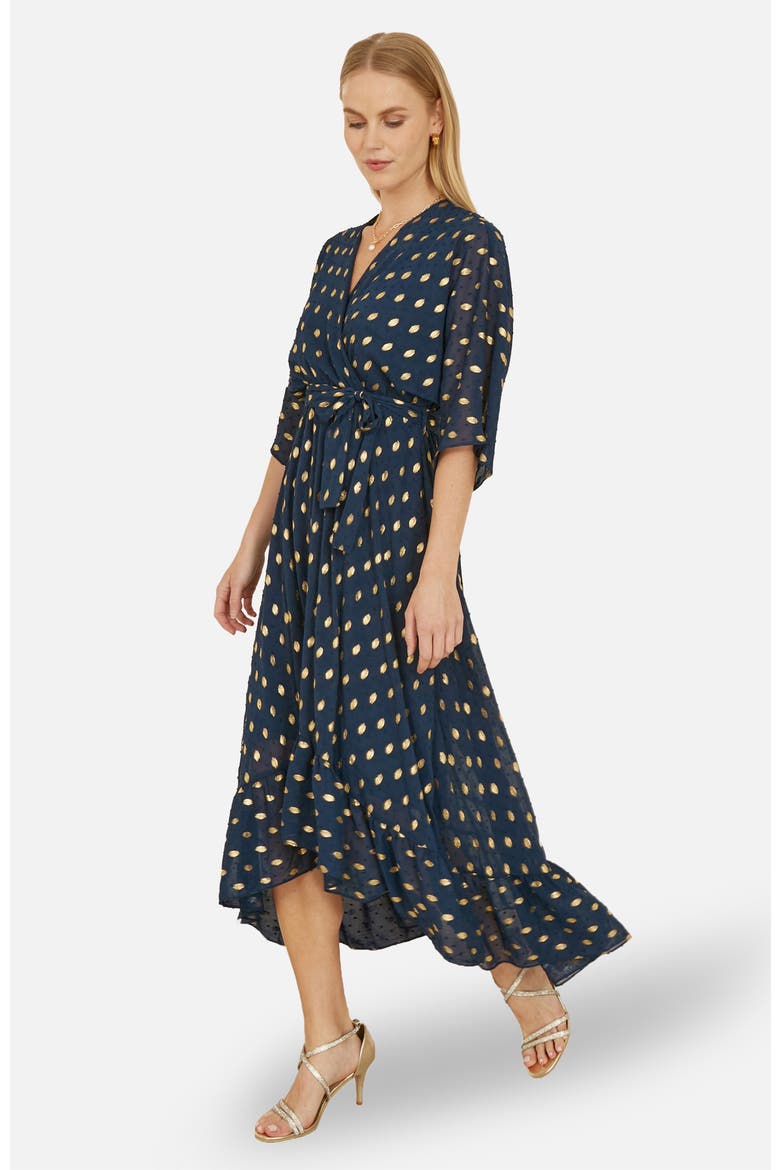 Foil Print Wrap Over Dress, Main, color, Navy