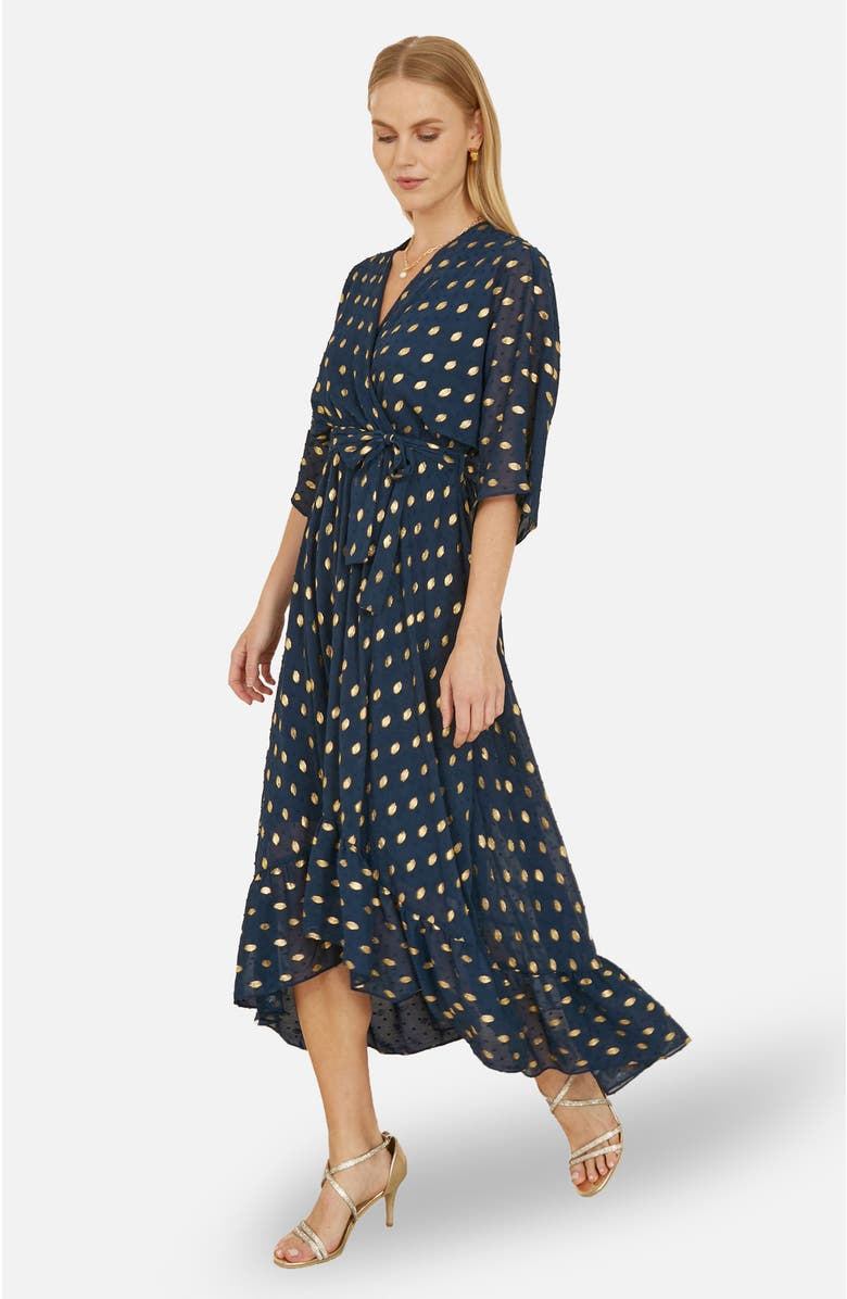 Yumi Foil Print Wrap Over Dress, Main, color, Navy
