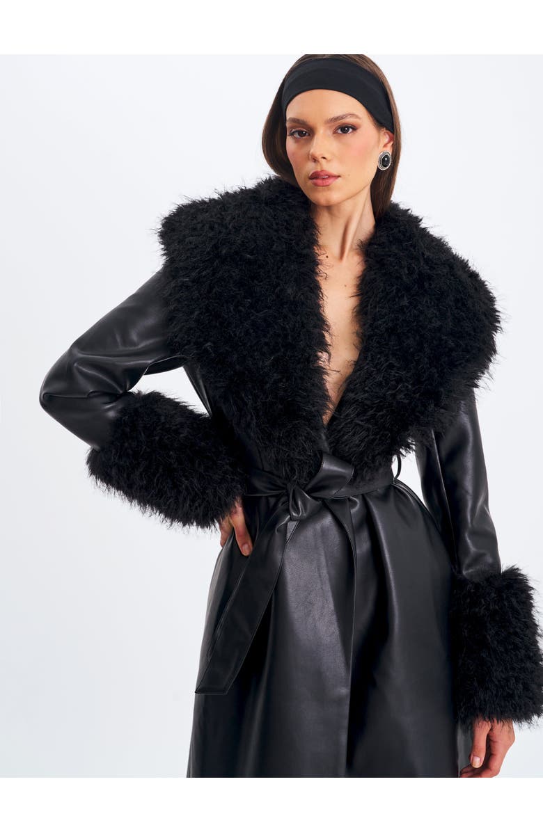 Miss Circle Zariah Faux Fur Trimmed Longline Coat, Alternate, color, Black